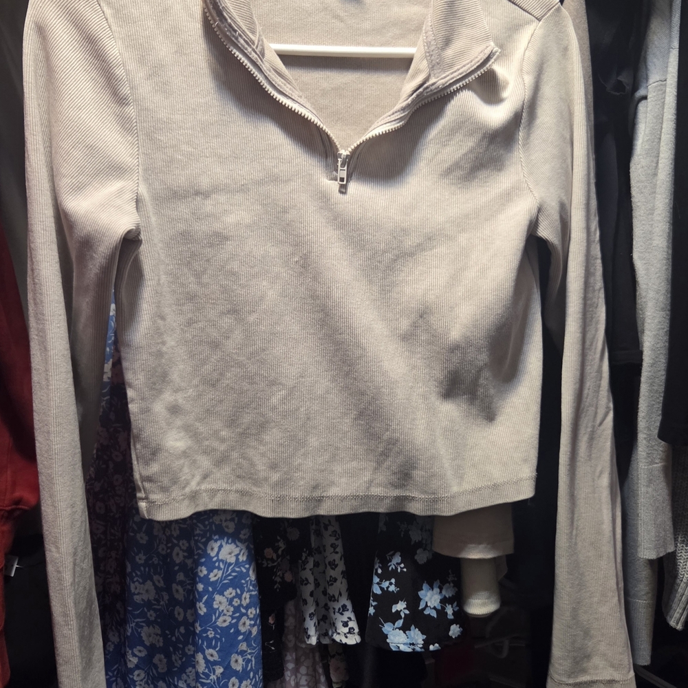 Wild Fable Beige Ribbed Zip-Up Top